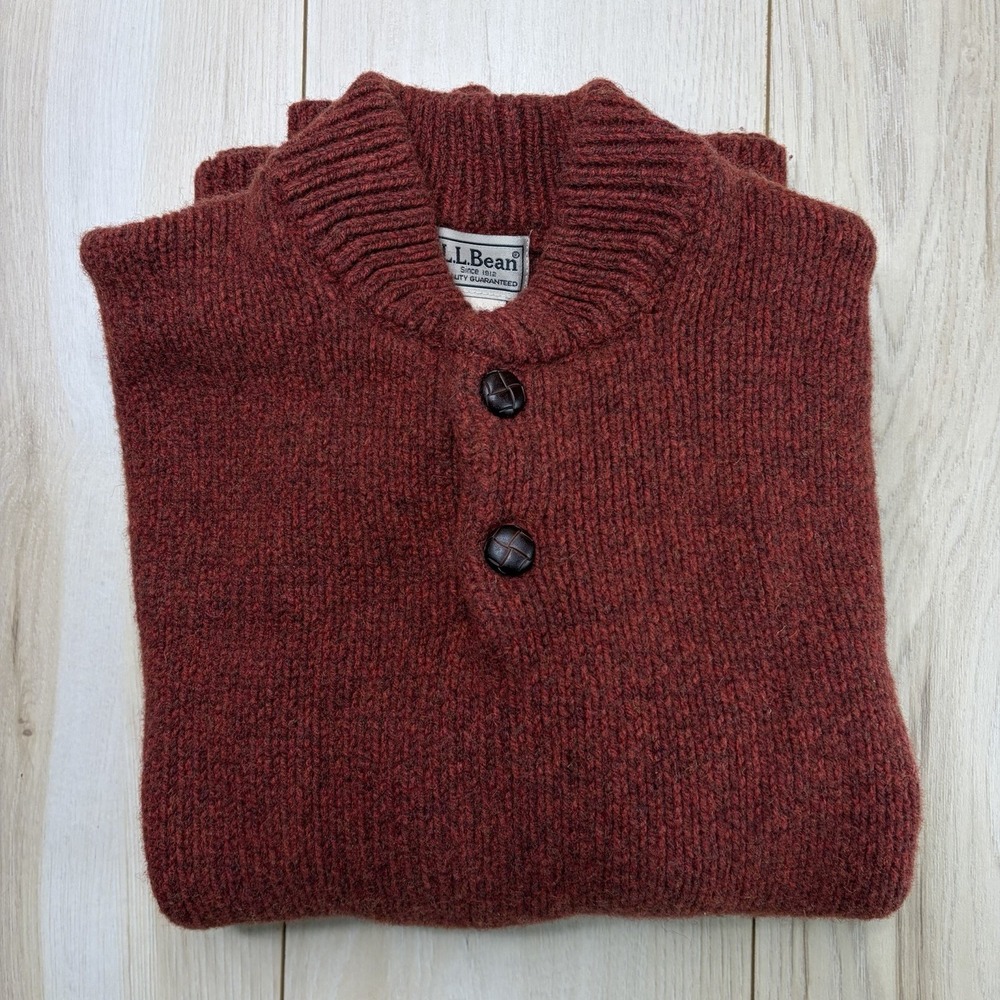 LL BEAN Sweater Mens Small Ragg 100% Lambswool Henley Pullover Jumper Red